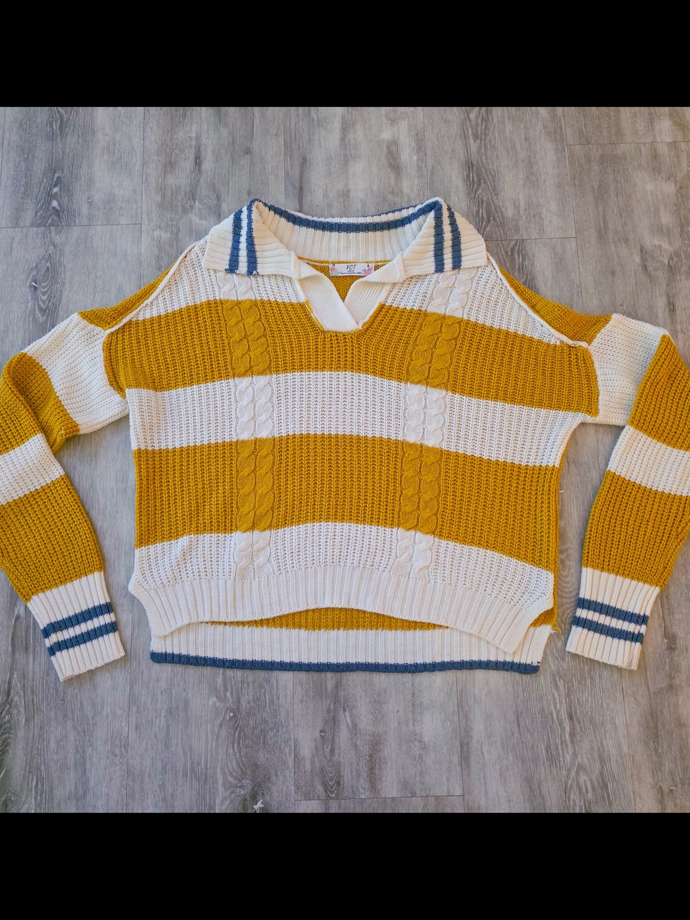 FCT With Love Sweater Womens Small Mustard Cable Knit Striped Collared Preppy